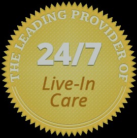 A yellow seal that says the leading provider of 2 4 / 7 live-in care.